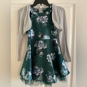 Knitworks Green Floral Dress with Silver Cardigan Size 7